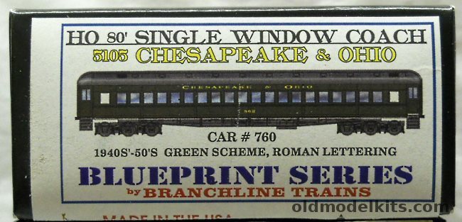 Branchline Trains 1/87 Blueprint Series HO Heavyweight Passenger Coach 80 Foot Single Window Chesapeake & Ohio (C&O) Car #760 1940s/1950s, 5105-760 plastic model kit